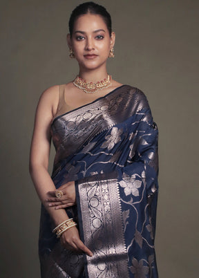 Blue Kora Silk Saree With Blouse Piece