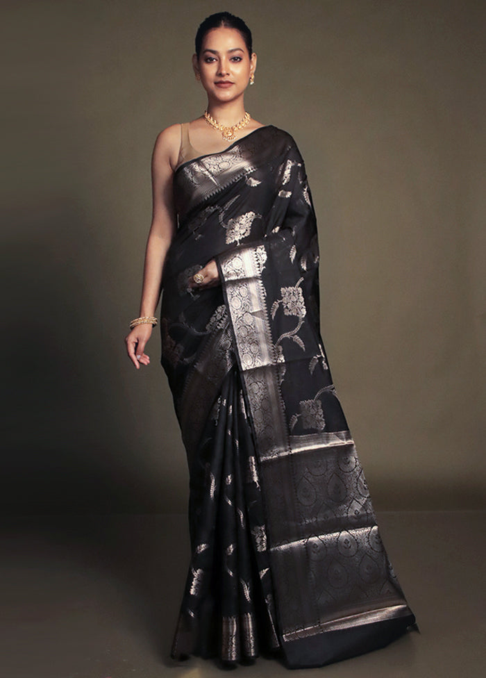 Black Kora Silk Saree With Blouse Piece