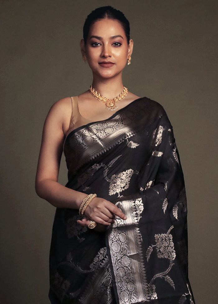 Black Kora Silk Saree With Blouse Piece