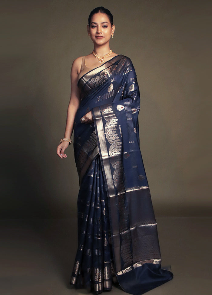 Blue Kora Silk Saree With Blouse Piece