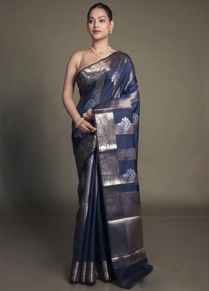 Blue Kora Silk Saree With Blouse Piece