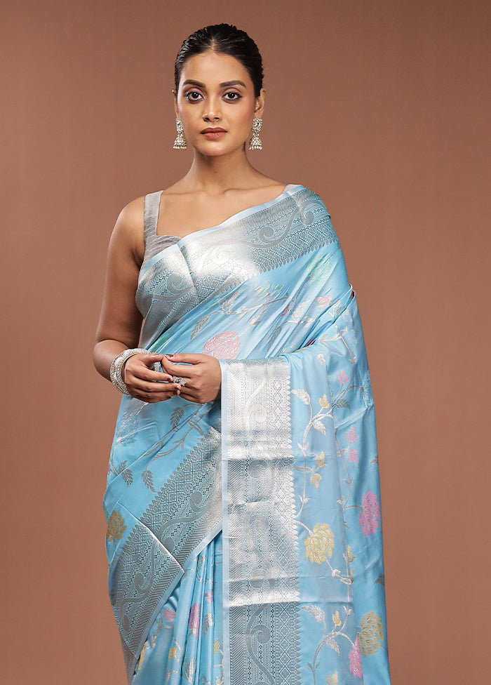 Blue Kora Silk Saree With Blouse Piece