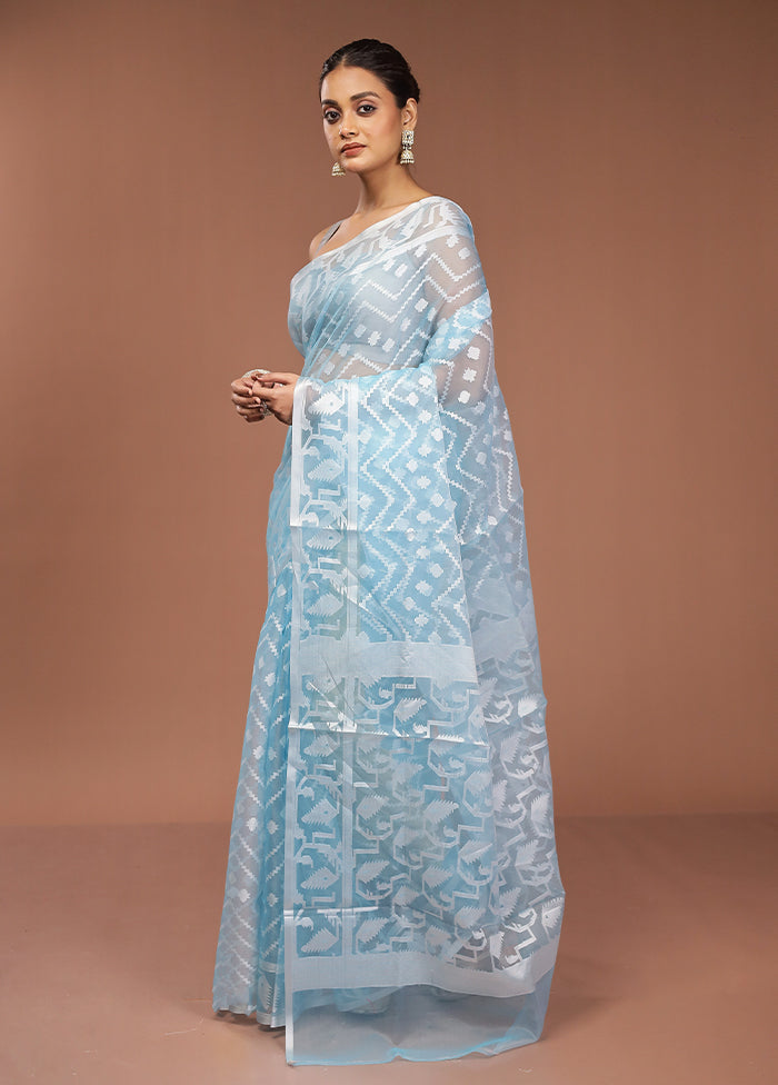 Blue Organza Saree With Blouse Piece