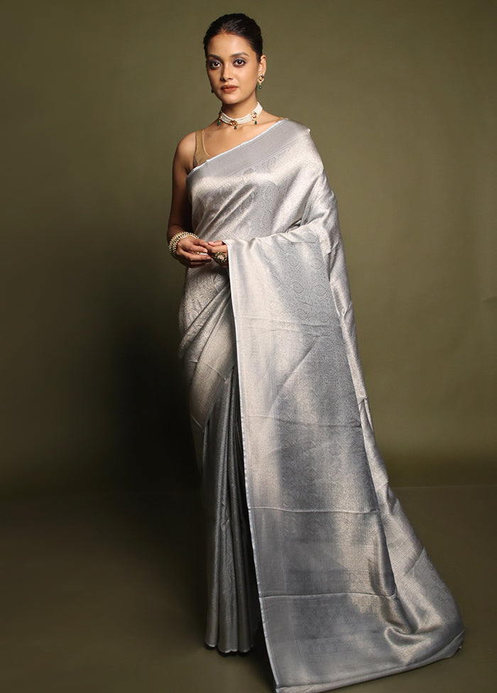 Grey Dupion Silk Saree With Blouse Piece