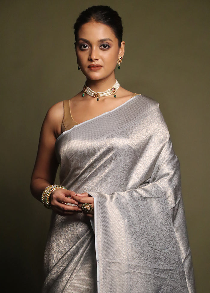 Grey Dupion Silk Saree With Blouse Piece