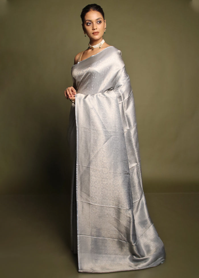 Grey Dupion Silk Saree With Blouse Piece