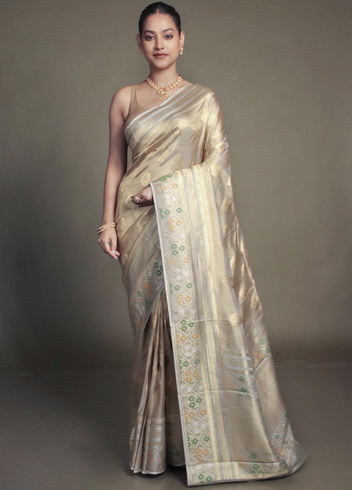 Cream Handloom Tissue Pure Silk Saree With Blouse Piece