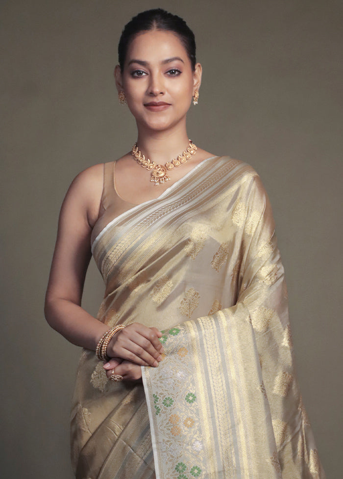 Cream Handloom Tissue Pure Silk Saree With Blouse Piece