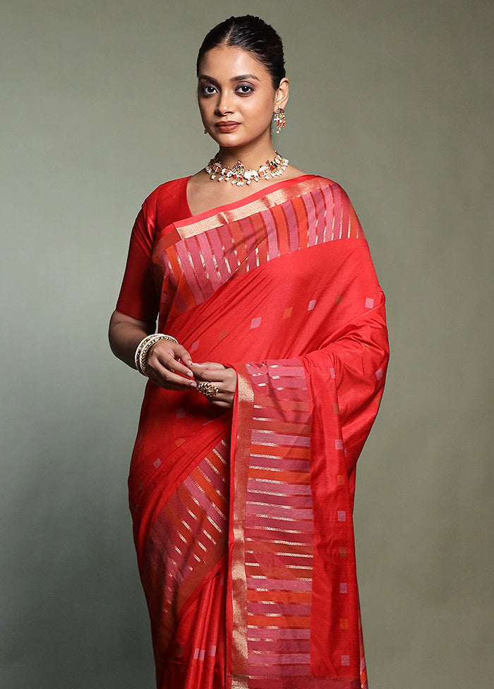 Red Dupion Silk Saree With Blouse Piece