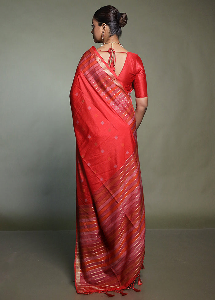 Red Dupion Silk Saree With Blouse Piece