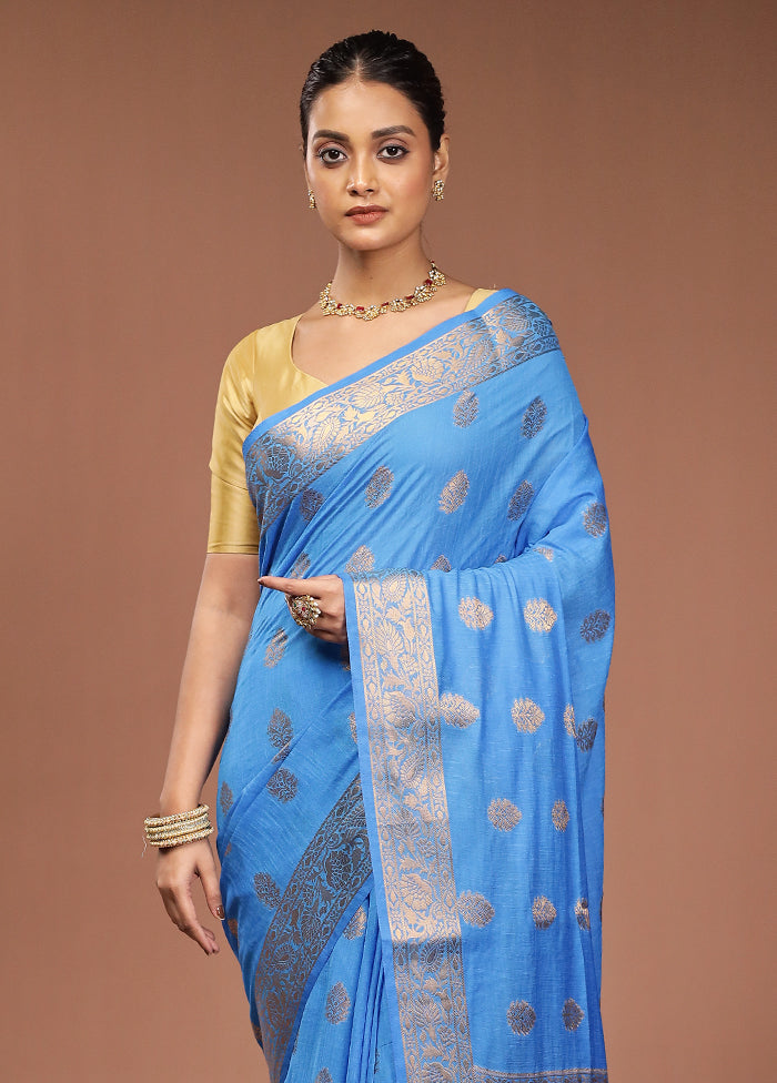 Blue Dupion Silk Saree With Blouse Piece