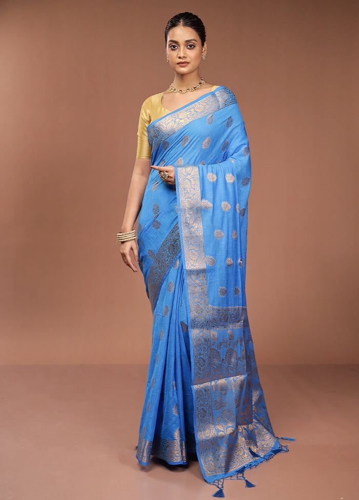 Blue Dupion Silk Saree With Blouse Piece