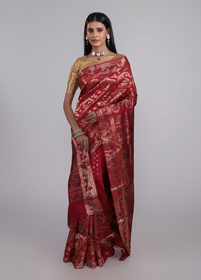Red Handloom Baluchari Pure Silk Saree With Blouse Piece