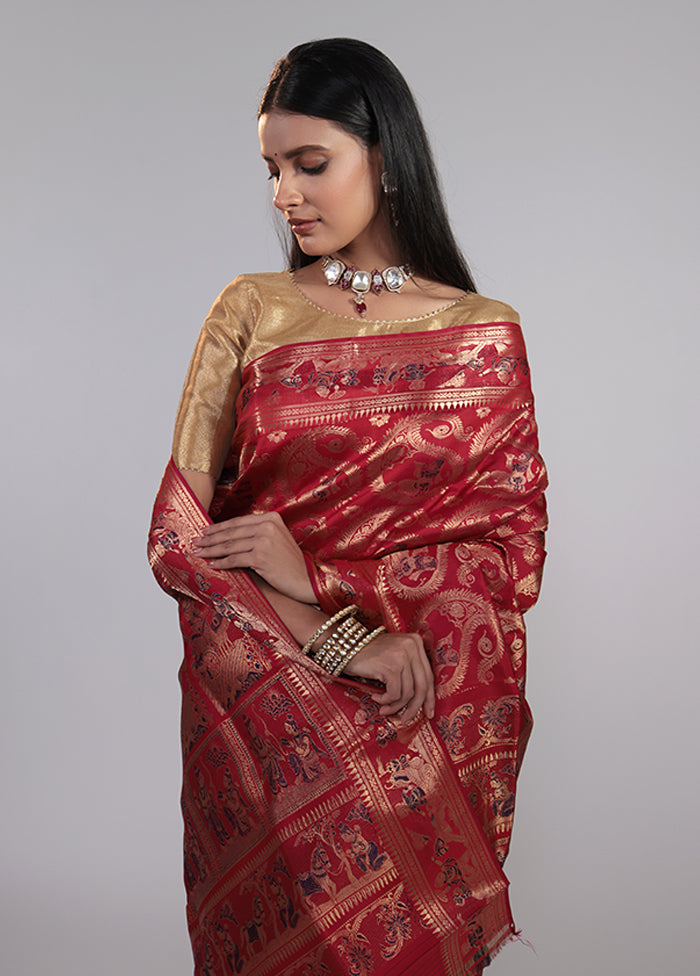 Red Handloom Baluchari Pure Silk Saree With Blouse Piece