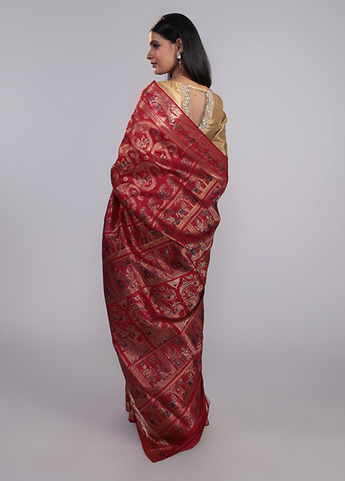 Red Handloom Baluchari Pure Silk Saree With Blouse Piece