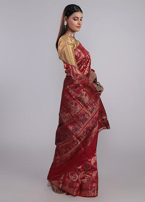 Red Handloom Baluchari Pure Silk Saree With Blouse Piece