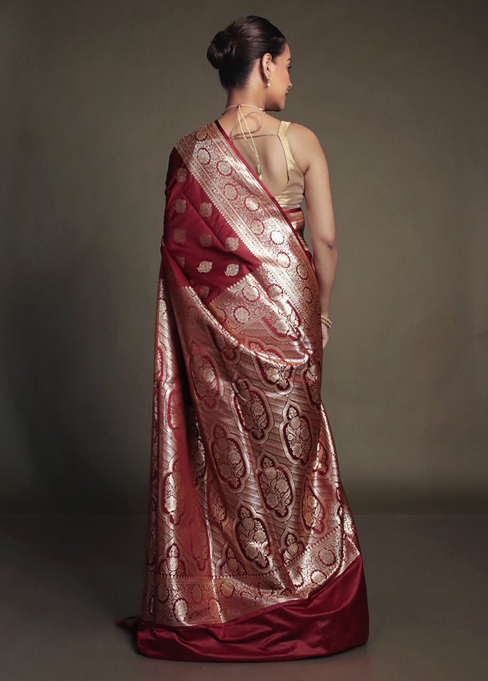 Maroon Banarasi Silk Saree With Blouse Piece