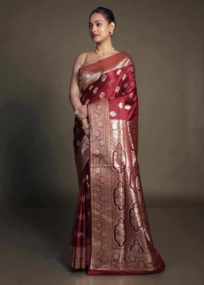 Maroon Banarasi Silk Saree With Blouse Piece
