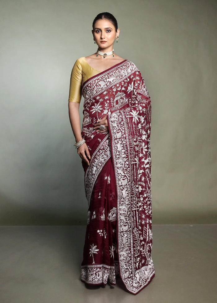 Purple Handloom Pure Georgette Saree With Blouse Piece