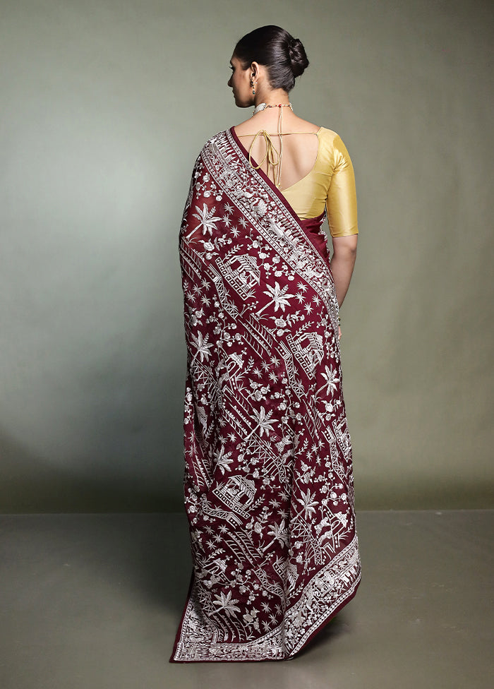 Purple Handloom Pure Georgette Saree With Blouse Piece