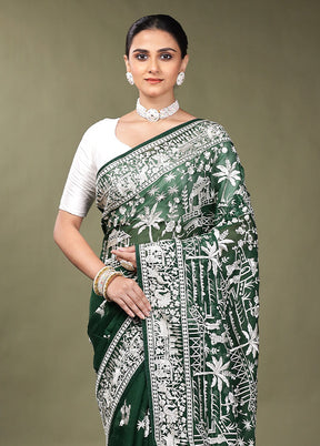 Green Handloom Pure Georgette Saree With Blouse Piece