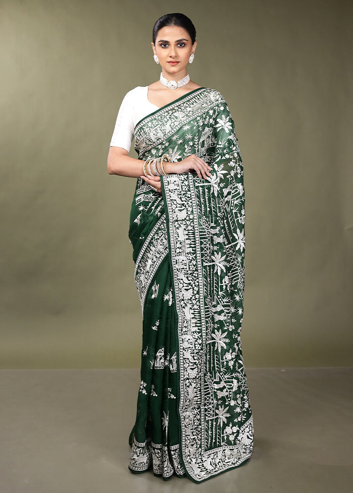 Green Handloom Pure Georgette Saree With Blouse Piece