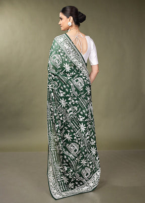 Green Handloom Pure Georgette Saree With Blouse Piece