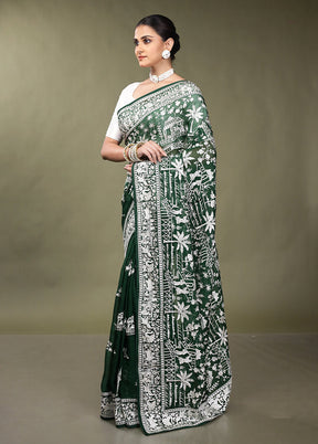 Green Handloom Pure Georgette Saree With Blouse Piece