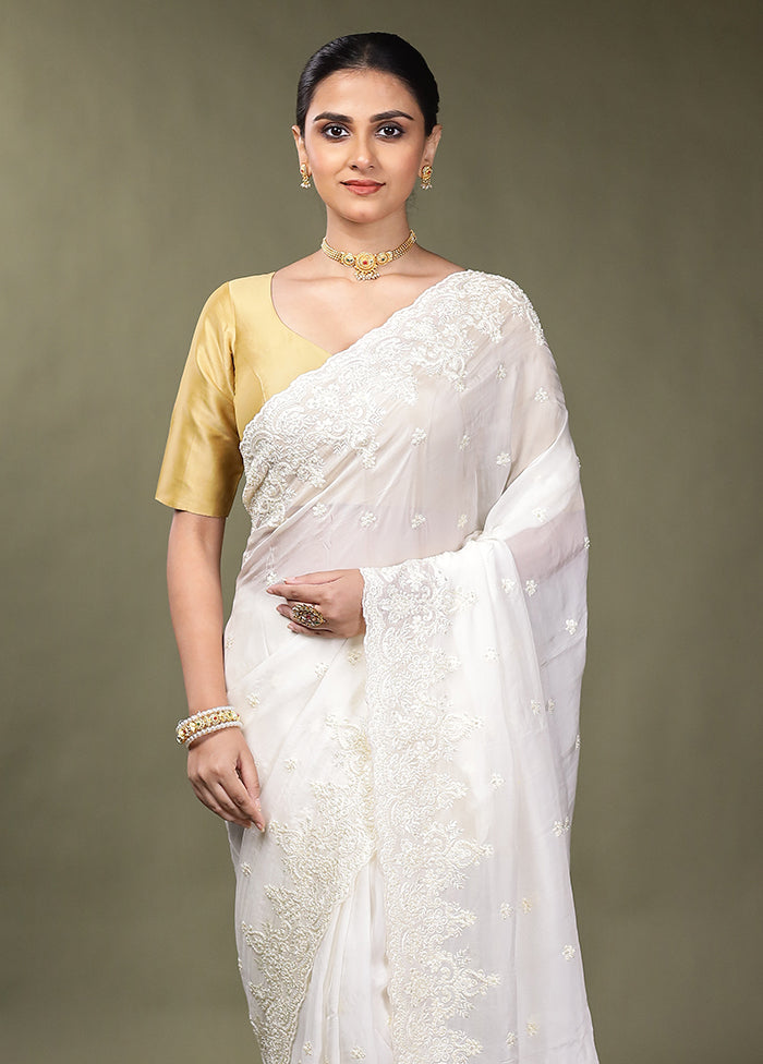 White Handloom Pure Organza Saree With Blouse Piece