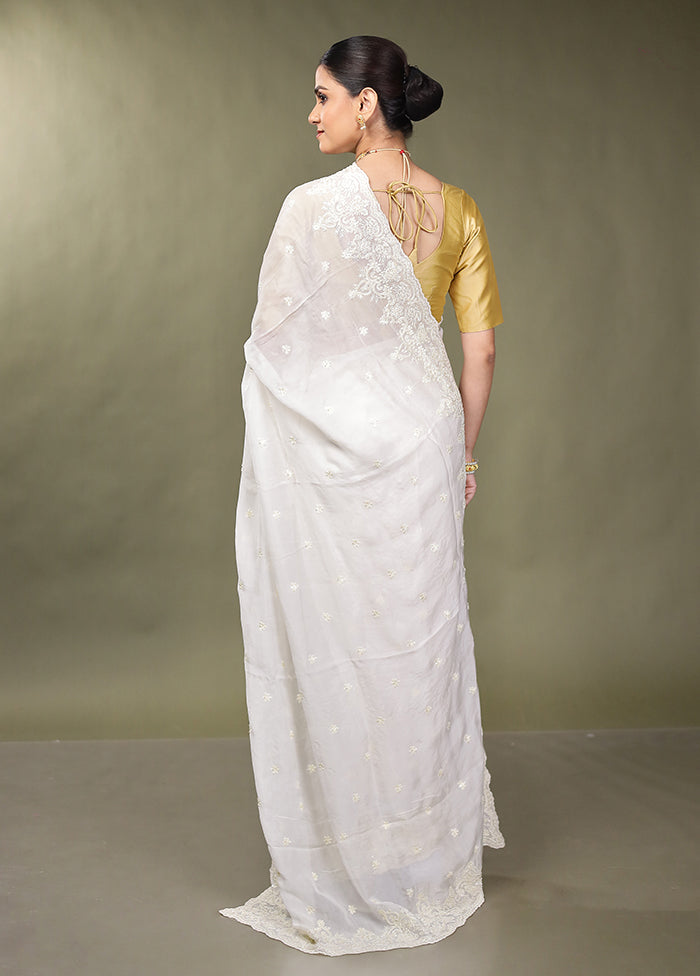 White Handloom Pure Organza Saree With Blouse Piece