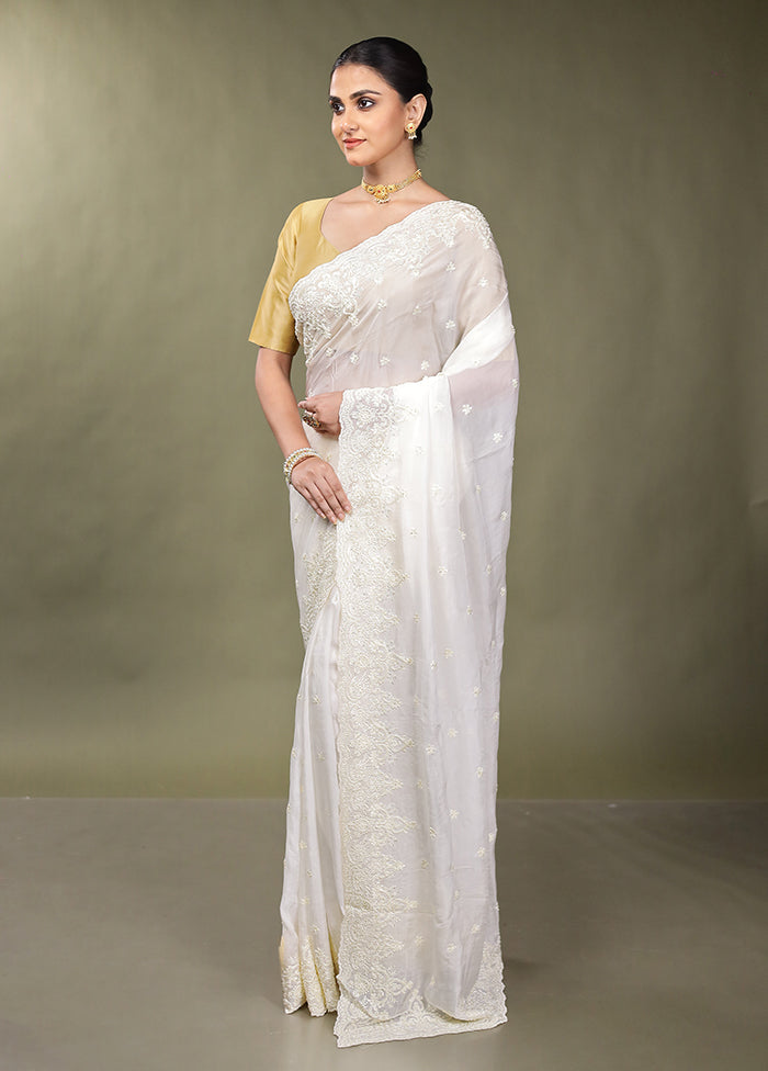 White Handloom Pure Organza Saree With Blouse Piece