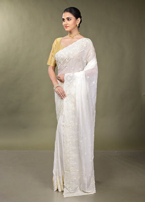 White Handloom Pure Organza Saree With Blouse Piece