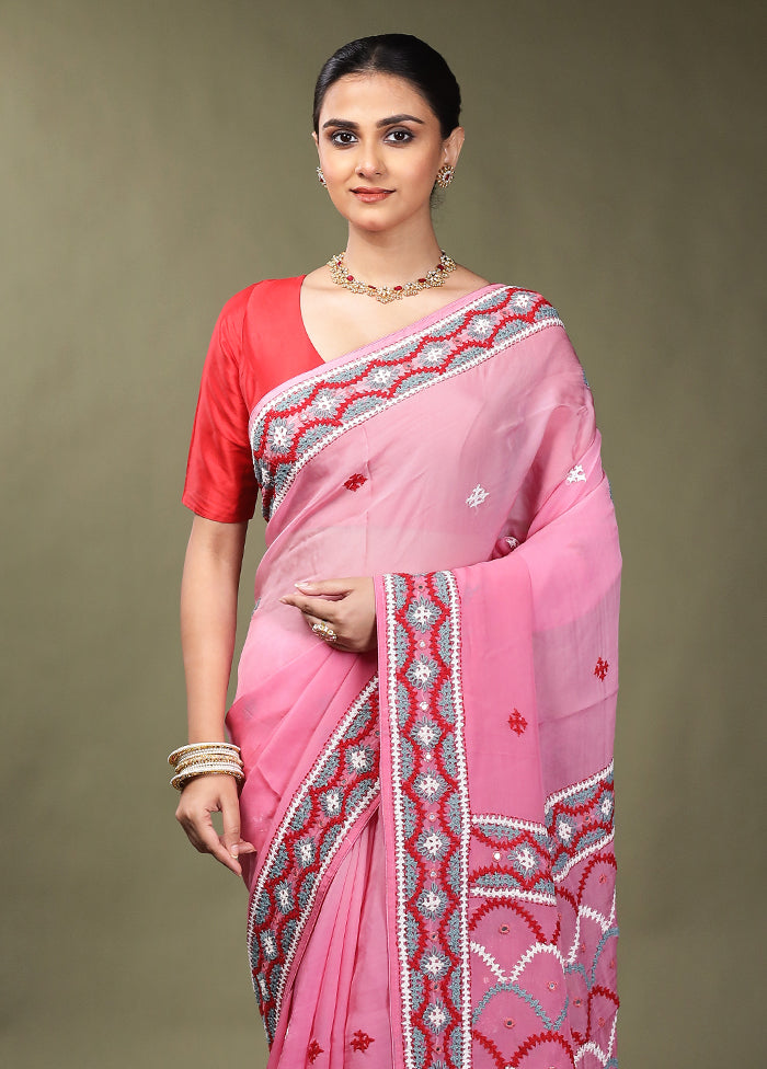 Pink Handloom Pure Georgette Saree With Blouse Piece