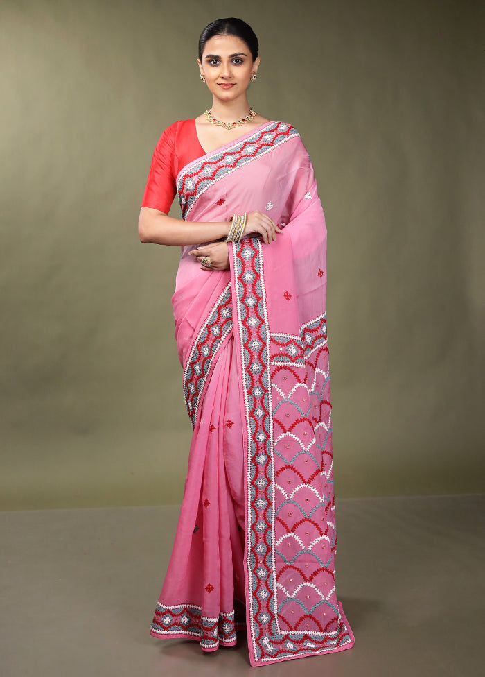 Pink Handloom Pure Georgette Saree With Blouse Piece