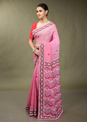 Pink Handloom Pure Georgette Saree With Blouse Piece