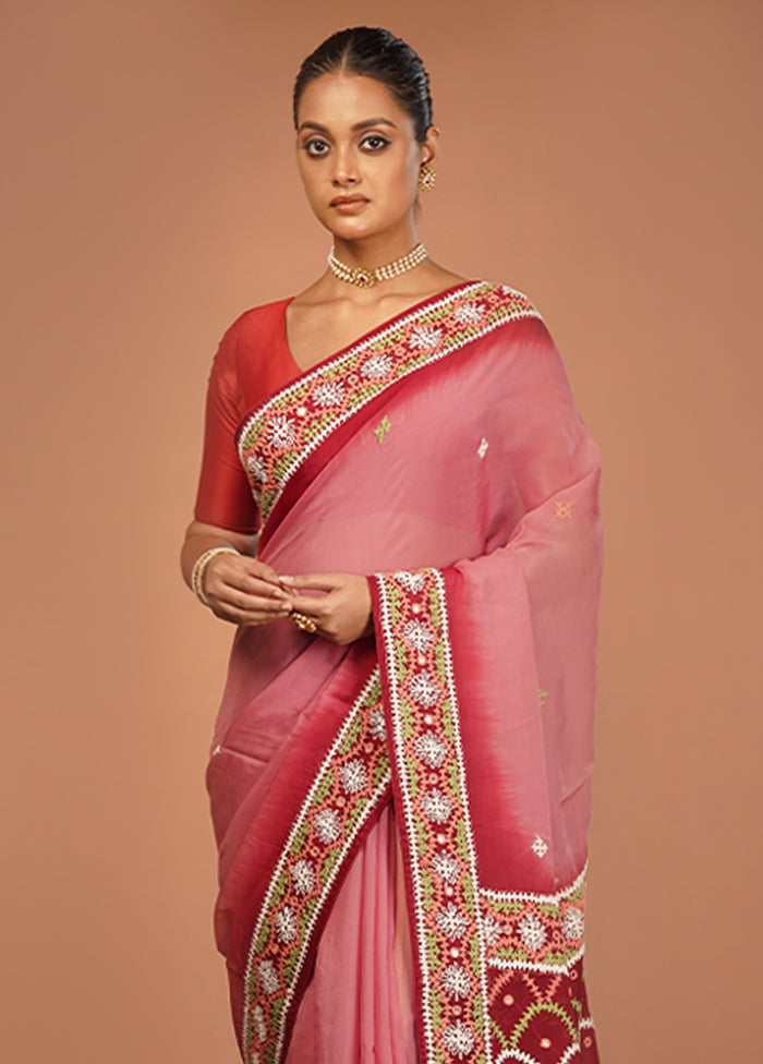 Maroon Handloom Pure Georgette Saree With Blouse Piece