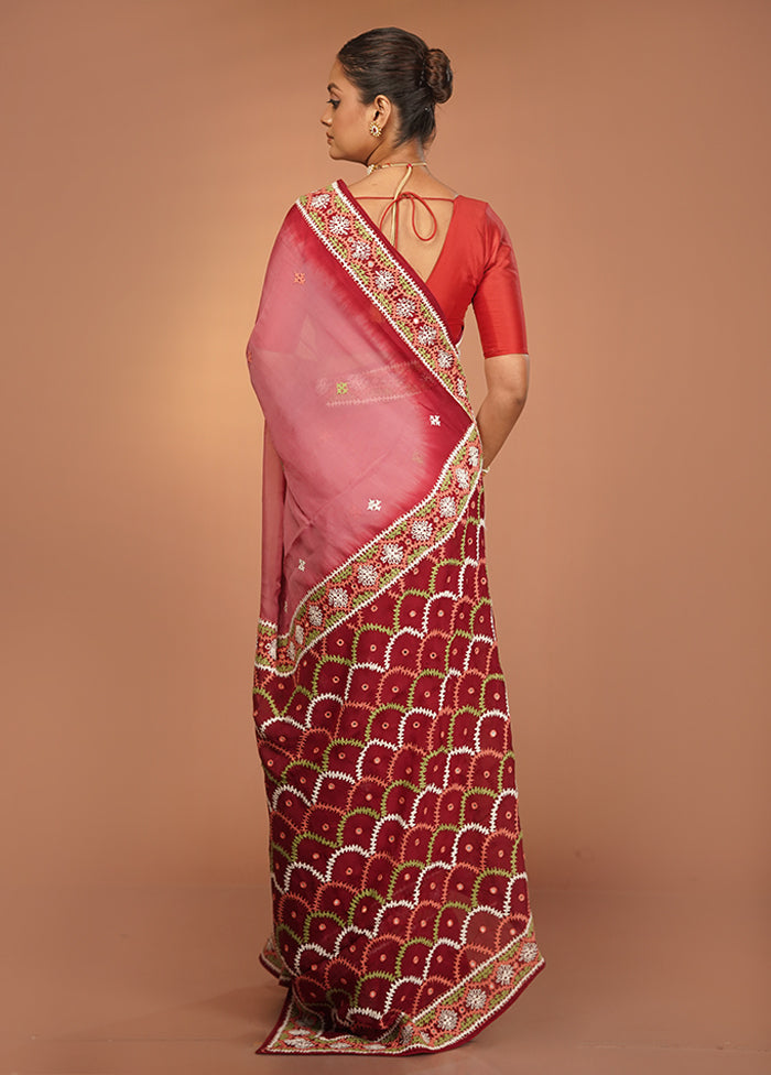 Maroon Handloom Pure Georgette Saree With Blouse Piece