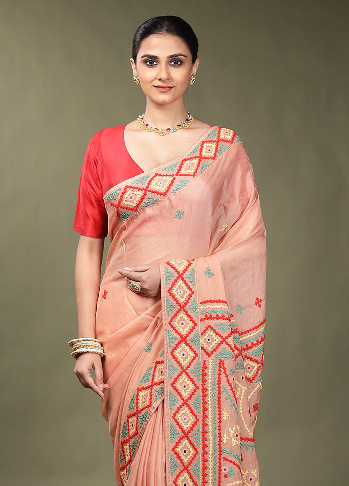 Pink Handloom Pure Georgette Saree With Blouse Piece
