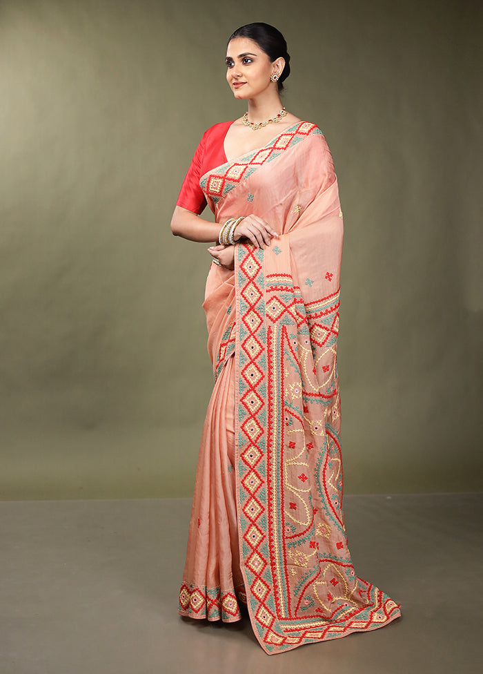 Pink Handloom Pure Georgette Saree With Blouse Piece