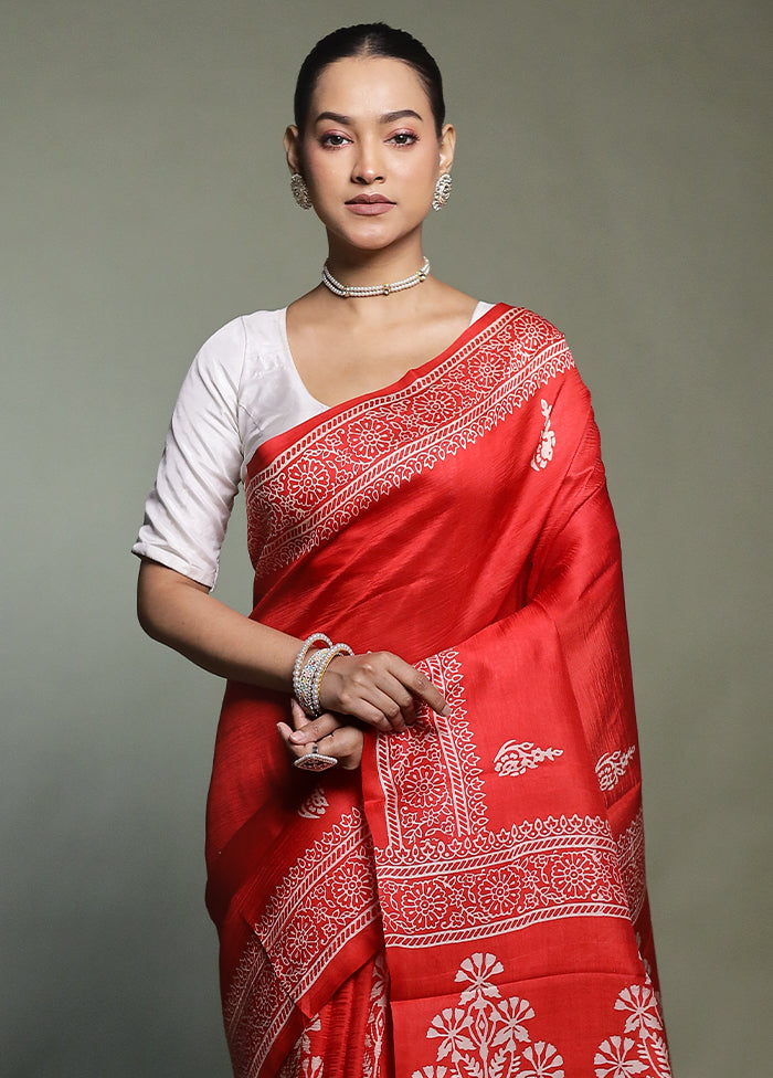 Red Printed Silk Saree Without Blouse Piece