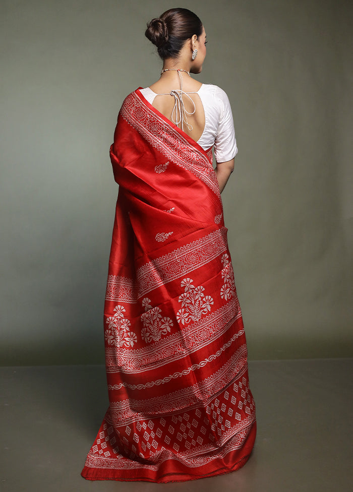 Red Printed Silk Saree Without Blouse Piece
