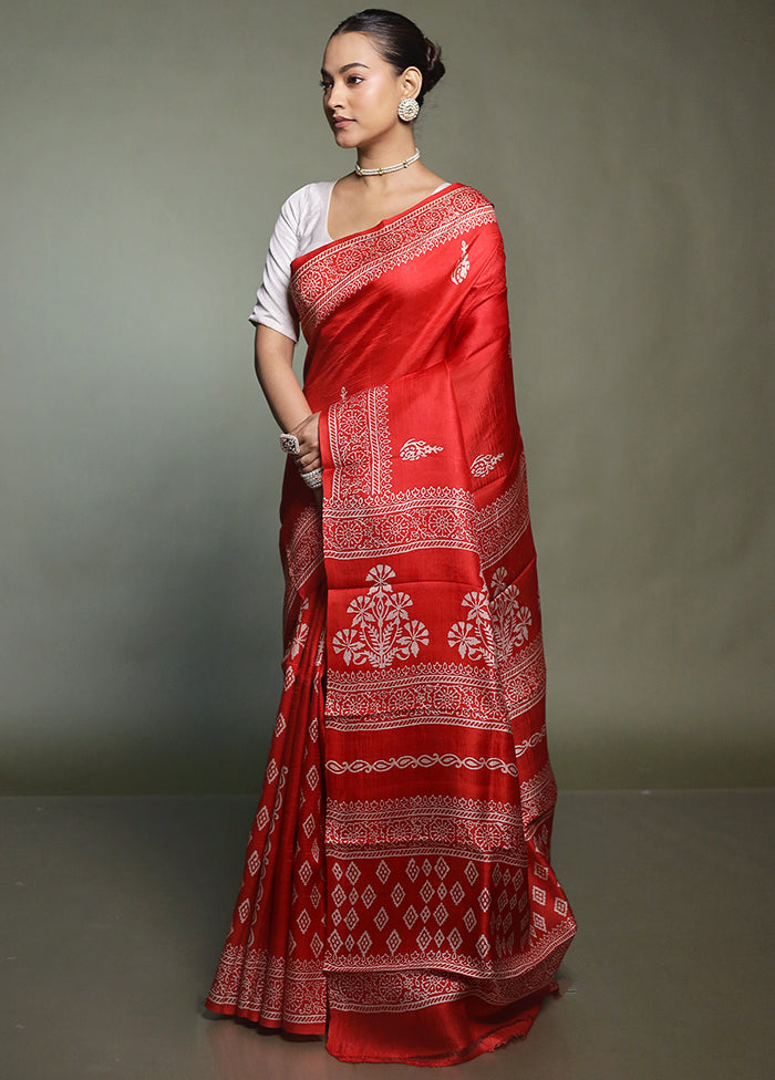Red Printed Silk Saree Without Blouse Piece