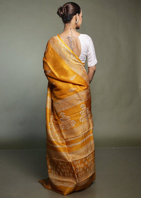 Yellow Printed Pure Silk Saree Without Blouse Piece