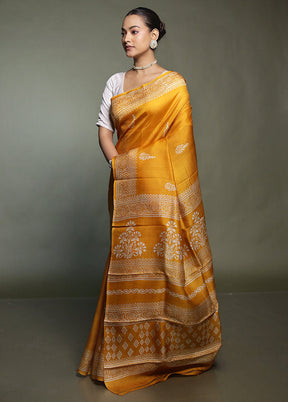 Yellow Printed Pure Silk Saree Without Blouse Piece