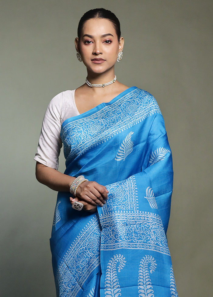 Blue Printed Pure Silk Saree Without Blouse Piece