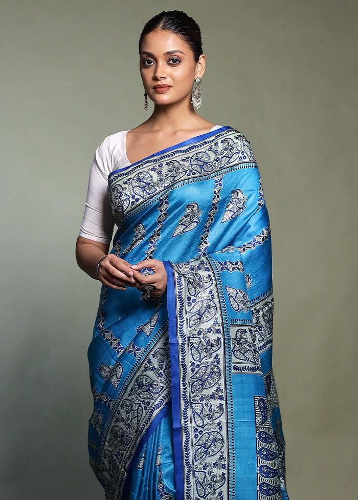 Blue Printed Pure Silk Saree With Blouse Piece