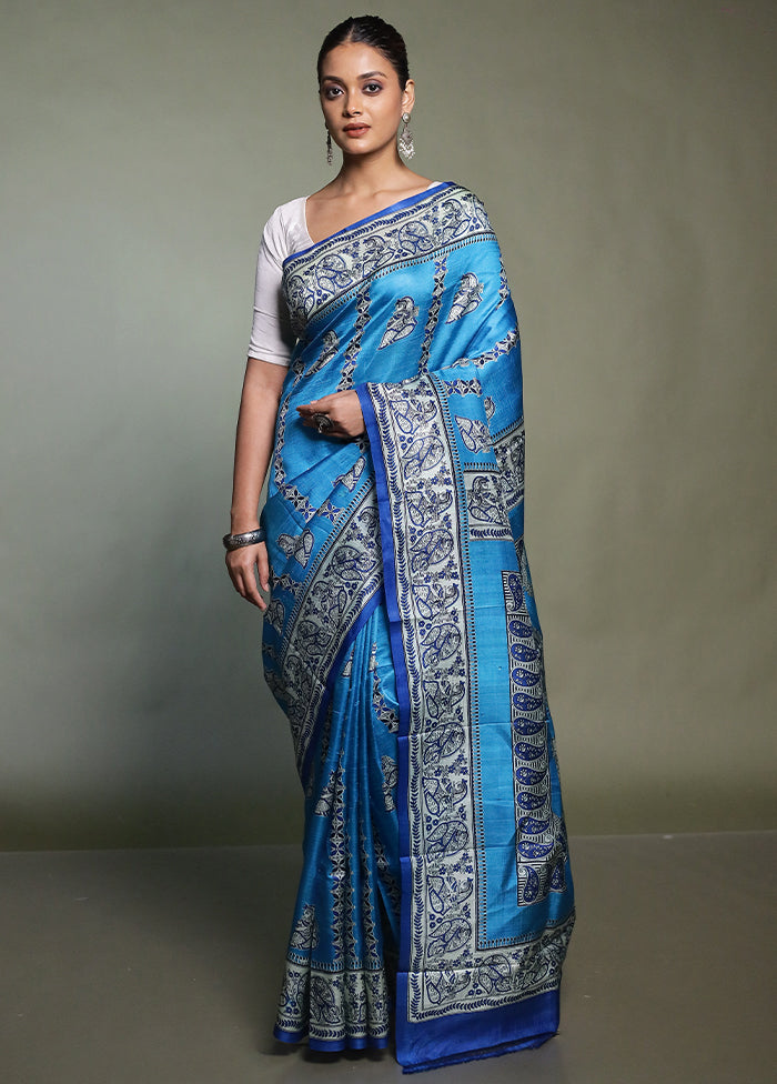 Blue Printed Pure Silk Saree With Blouse Piece