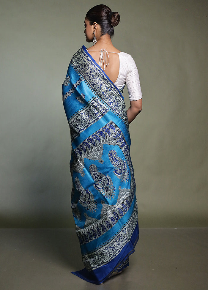 Blue Printed Pure Silk Saree With Blouse Piece