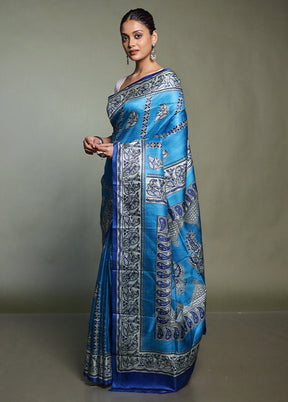 Blue Printed Pure Silk Saree With Blouse Piece