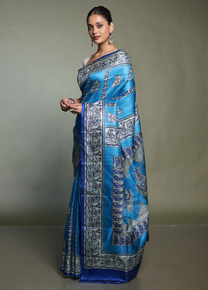 Blue Printed Pure Silk Saree Without Blouse Piece